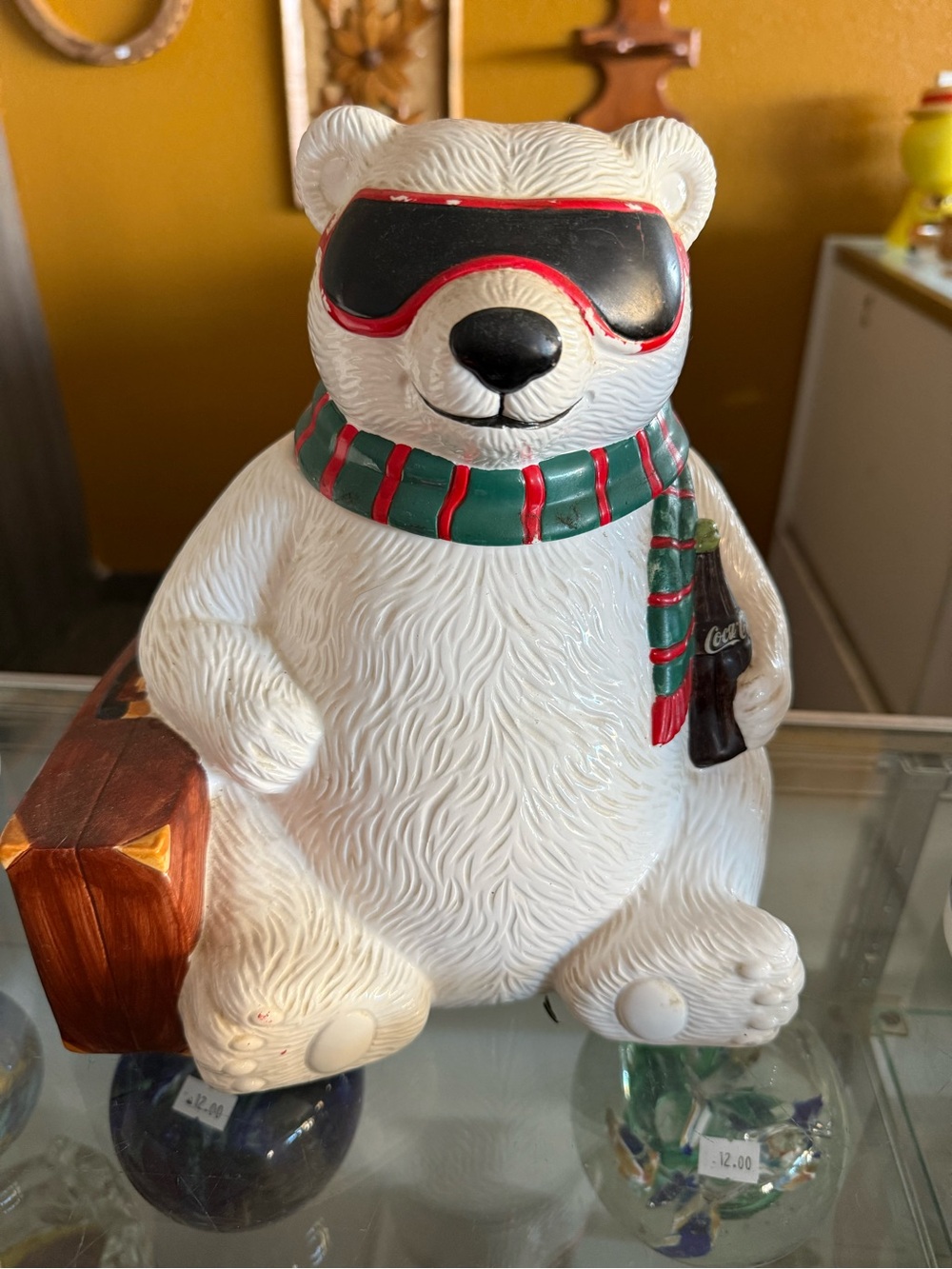Coca Cola White Polar Bear Holiday Figurine with Red & Green Scarf coo